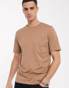 Selected Homme organic cotton oversized one pocket t-shirt in camel-Beige