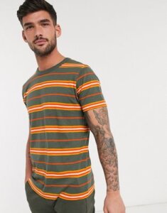 Selected Homme organic cotton triple stripe t-shirt in khaki-Green