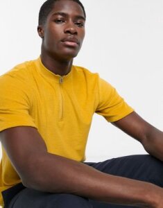 Selected Homme zip neck terry polo in yellow
