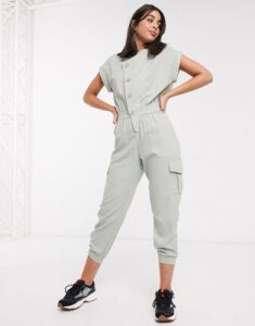 Signature 8 linen jumpsuit with buttons in gray-Green