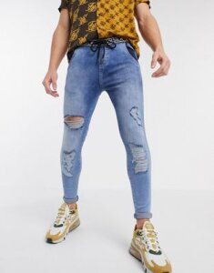 SikSilk skinny jeans in acid wash blue with branded waistband