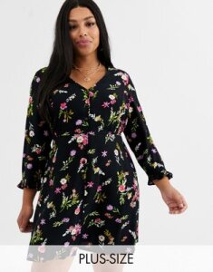 Simply Be button through tea dress in black floral-Multi
