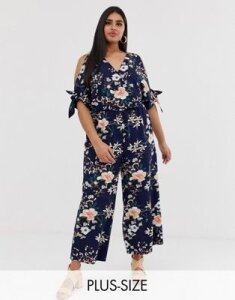 Simply Be cold shoulder jumpsuit in navy floral-Multi