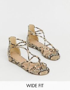 Simply Be extra wide foot flat sandals with cross front detail in snake-Multi