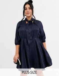 Simply Be skater dress with pussybow in navy jacquard-Multi