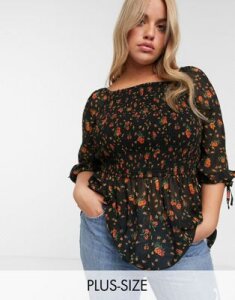 Simply Be square neck shirred blouse in floral print-Multi