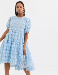 Sister Jane midi smock dress with full tiered skirt in texture-Blue