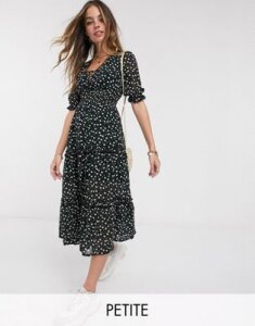 Sisters Of The Tribe Petite deep plunge midi dress in ditsy floral print-Black