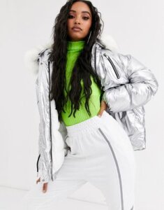 Sixth June oversized jacket with drawcord waist and faux fur hood in silver