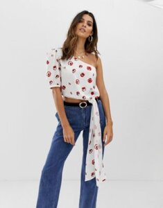 Skylar Rose one shoulder top with exaggerated drape in floral-White