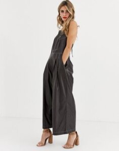 Skylar Rose pinnafore jumpsuit with wide legs in faux leather-Brown