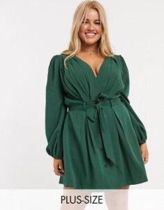 Skylar Rose Plus wrap front dress with tie waist and balloon sleeves-Green