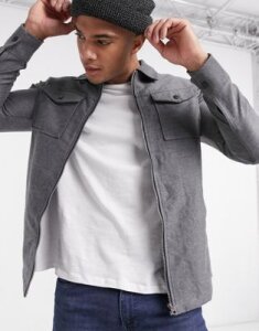 Soul Star zip-thru flannel shirt pocket in gray
