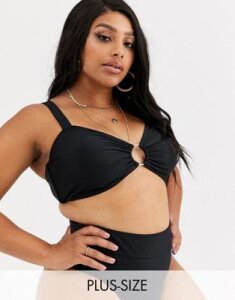 South Beach Curve Exclusive bandeau bikini top with gold ring in black