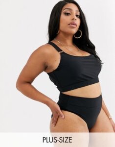 South Beach Curve Exclusive crop bikini top with gold ring detail in black