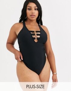 South Beach Curve Exclusive triple strap detail swimsuit in black