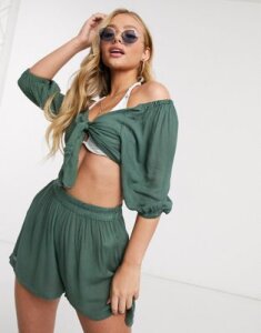 South Beach Tie Front Crop Top and Short Set-Green