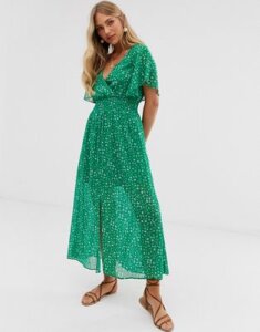 Stradivarius ditsy floral maxi with front split in green