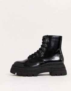 Stradivarius patent chunky sole lace up boots in black
