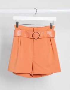 Stradivarius shorts with faux leather belt in orange
