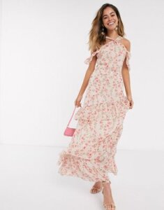 Style Cheat high neck cold shoulder tiered ruffle hem maxi dress in cream floral print-Multi