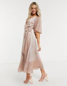 Style Cheat sparkle midi wrap dress in rose gold