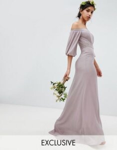 TFNC Bardot Maxi Bridesmaid Dress with Sleeve Drama and Embellished Waist-Gray