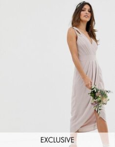TFNC bridesmaid exclusive wrap midi dress in taupe-Brown