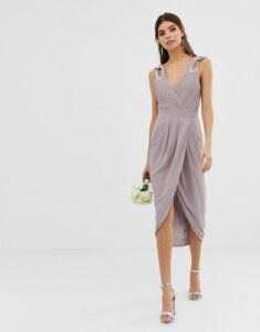 TFNC bridesmaid exclusive wrap midi dress with embellished shoulder in gray