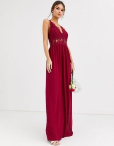 TFNC Bridesmaid halter neck maxi dress with lace inserts in mulberry-Red