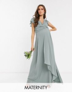 TFNC Maternity bridesmaid flutter sleeve ruffle detail maxi dress in sage-Green