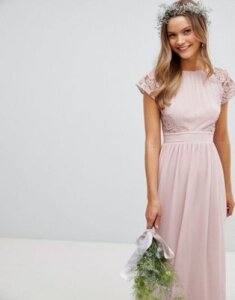 TFNC Maxi Bridesmaid Dress with Scalloped Lace and Open Back-Brown