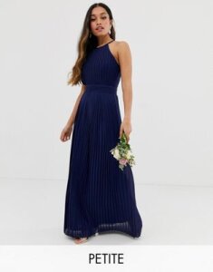 TFNC Petite bridesmaid exclusive high neck pleated maxi dress in navy