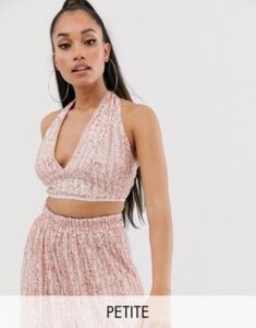 TFNC Petite halter neck sequin crop top in pink and silver-Multi