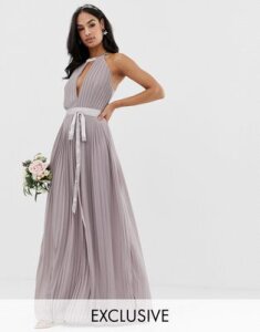 TFNC pleated maxi bridesmaid dress with cross back and bow detail in gray