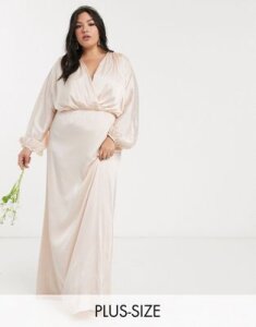 TFNC Plus bridesmaids long sleeve sateen maxi dress in ecru-Cream