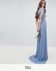 TFNC Tall Bardot Maxi Bridesmaid Dress With Fishtail and Embellished Waist-Blue