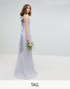 TFNC Tall Bow Back Pleated Maxi Bridesmaid Dress-Gray
