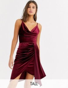 TFNC Tall velvet mini dress with drape detail in burgundy-Red