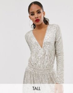 TFNC Tall wrap front bodysuit in silver sequin-Multi