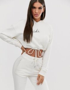 The Couture Club cropped motif drawstring hoody in cream