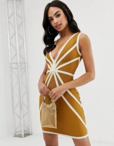 The Girlcode plunge front bandage dress with contrast piping in caramel-Tan
