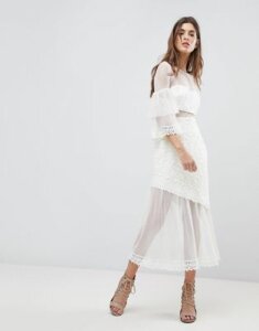 Three Floor Midi Dress With Fluted Overlay Sleeve-White