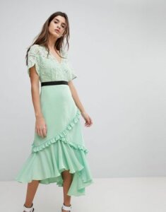 Three Floor Midi Dress With Lace Bodice-Green