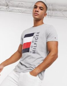 Tommy Hilfiger corp stripe box logo t-shirt in gray marl