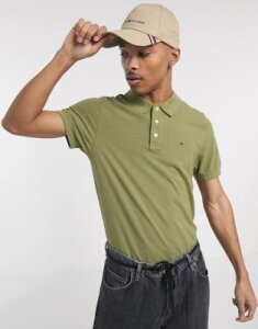 Tommy Jeans flag logo pique polo slim fit in olive green
