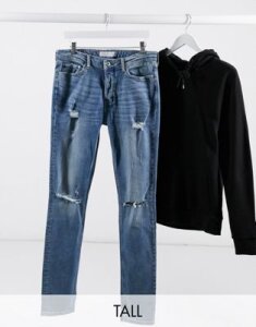 Topman Big & Tall skinny jeans with rips in mid wash blue