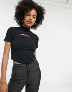 Topshop cut out t-shirt with curved hem in black