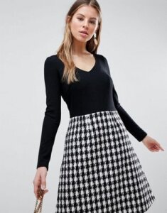 Traffic People Long Sleeve 2-in-1 Skater Dress With Checked Skirt-Black