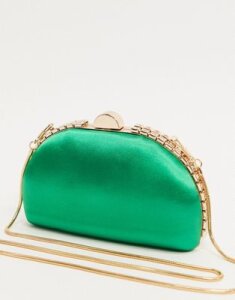 True Decadence half moon clutch bag in emerald green satin with crystals